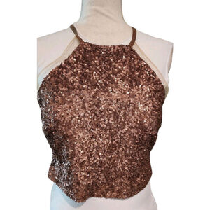 Vintage Franssical Sequin Halter Crop Top Blouse Women's 10 Tan Rose Gold